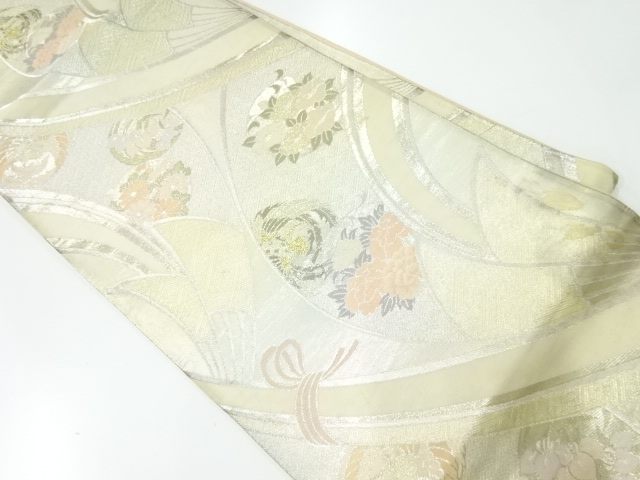 アンティーク　プラチナ箔花丸文に鳳凰模様織出し袋帯（材料）